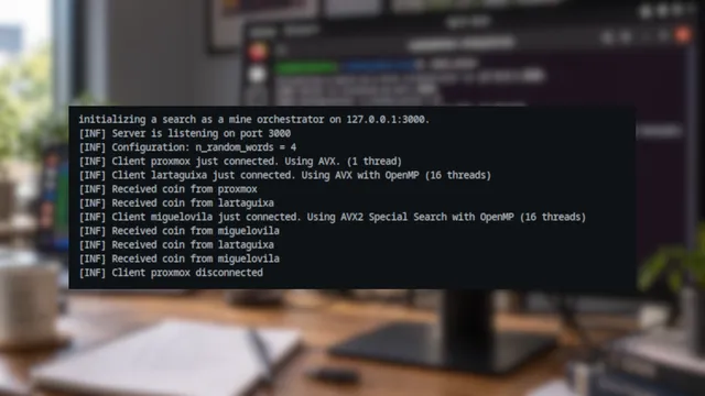 Terminal capture from the project report showing a mining server receiving coins from AVX and AVX2/OpenMP clients.