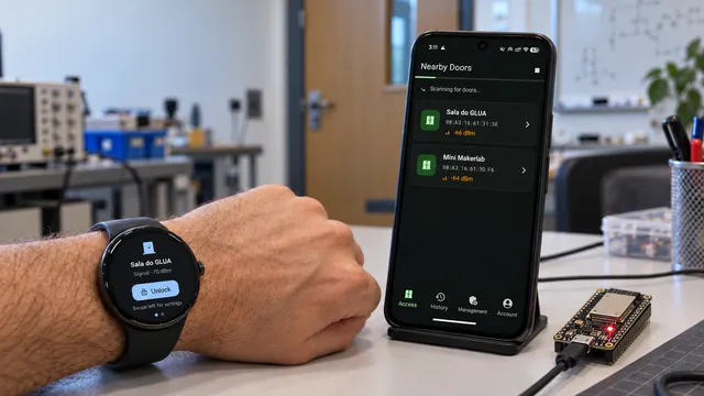 Aditus on a round Wear OS screen and a phone, showing Sala do GLUA and an Unlock button.
