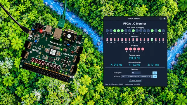 The Nexys A7 board beside its Python controller, showing LEDs, switches, temperature, and acceleration readings.
