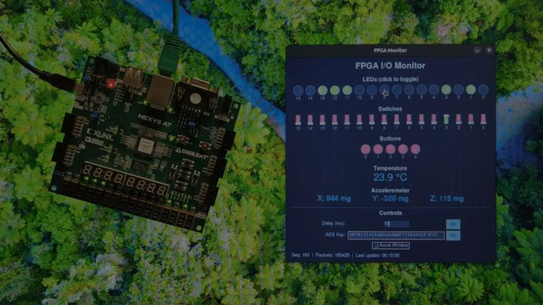 The Nexys A7 board beside its Python controller, showing LEDs, switches, temperature, and acceleration readings.