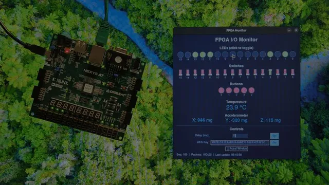 A placa Nexys A7 ao lado da aplicação Python, com os estados dos LEDs e interruptores, a temperatura e as leituras de aceleração.