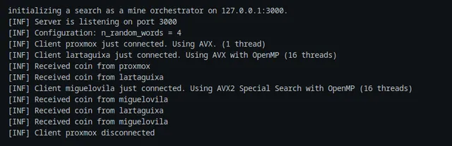 Captura de terminal do relatório do projeto, com um servidor de mineração a receber moedas de clientes AVX e AVX2/OpenMP.