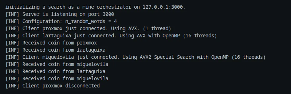 Terminal capture from the project report showing a mining server receiving coins from AVX and AVX2/OpenMP clients.