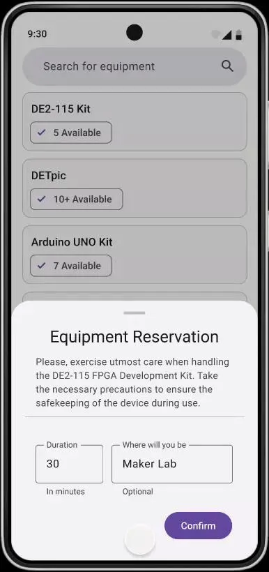 Mockup de reserva de equipamento com a duração da requisição e um campo para o local de utilização de um kit FPGA.