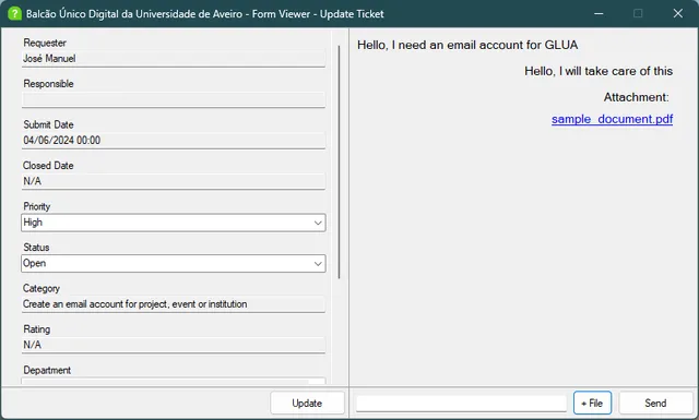 BUD's ticket editor, with request details and staff controls on the left and a conversation with a PDF attachment on the right.